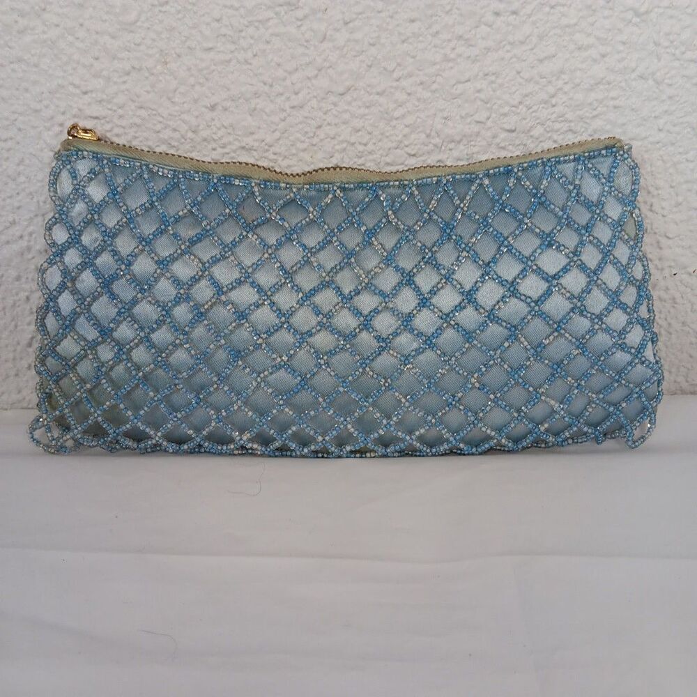 Hand Beaded Clutch Hand Bag Hong Kong Light Blue Satin Seed Beads Needs Restored